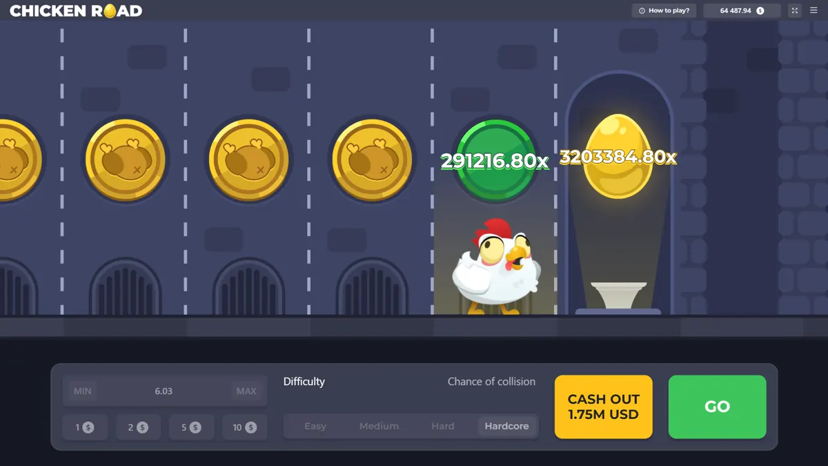 Schermata di gioco di Chicken Road: la gallina sulle corsie con i moltiplicatori